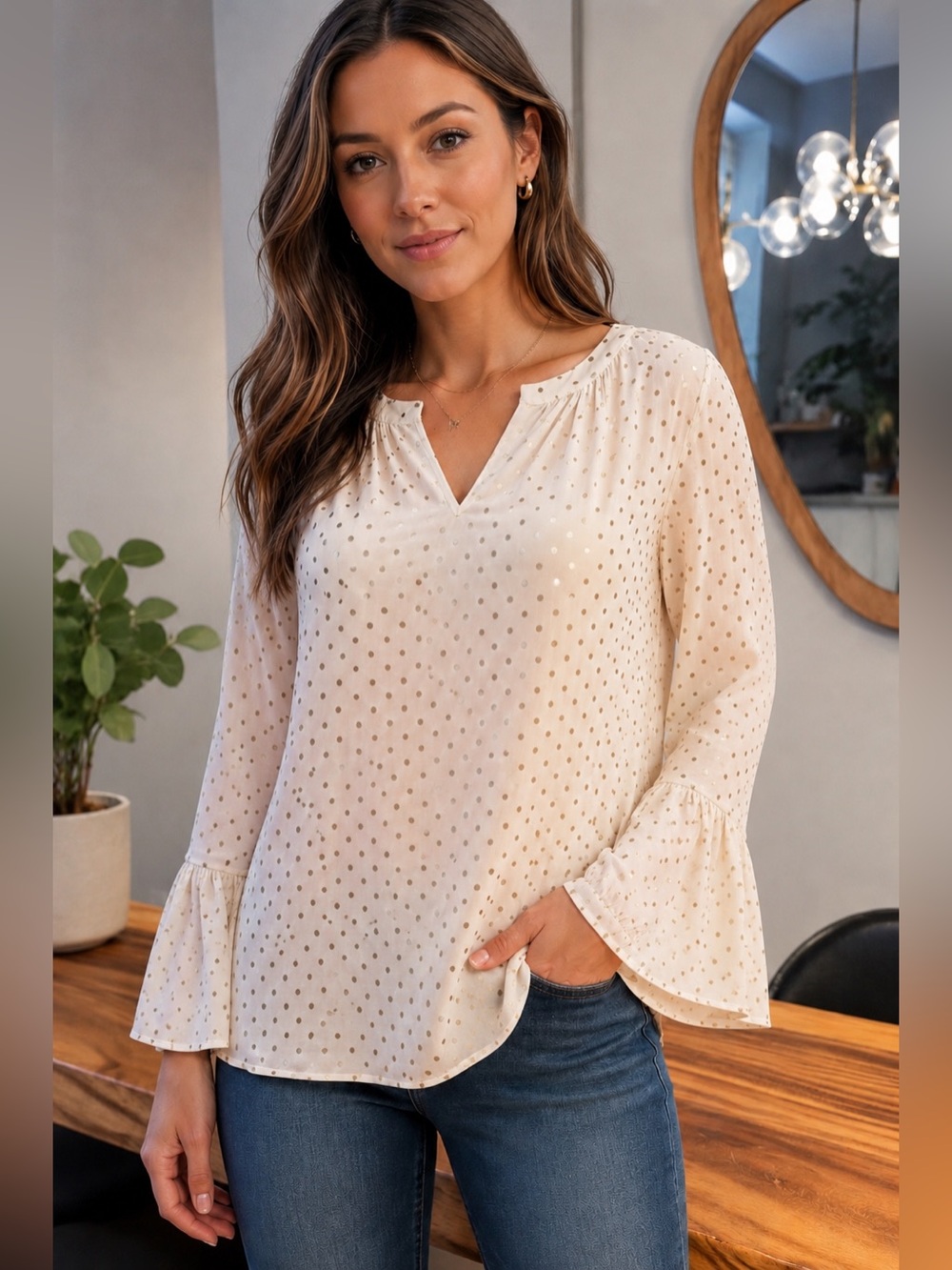 Talbots Cream and Gold Polka Dot Blouse